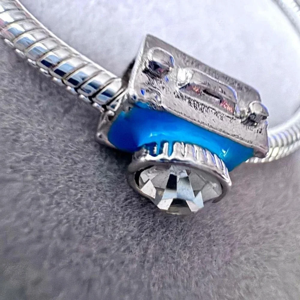 Camera Charm Blue Enamel‎ Crystal Lens Silver Tone Photography Bead fits PANDORA